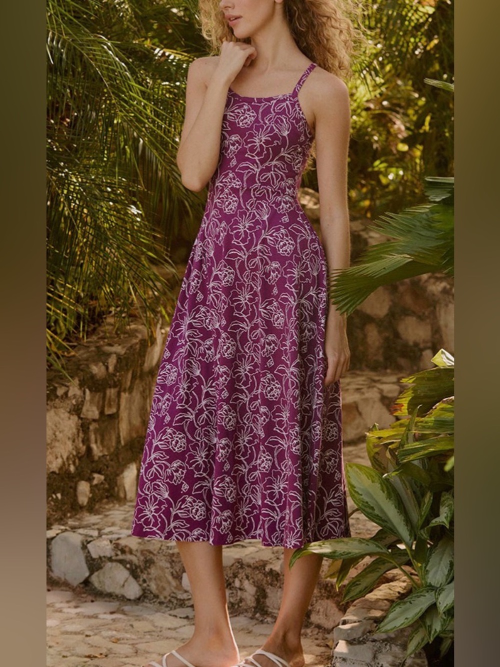 Pact Women's Floral Spaghetti-Strap Midi Dress in Purple Organic Cotton Medium